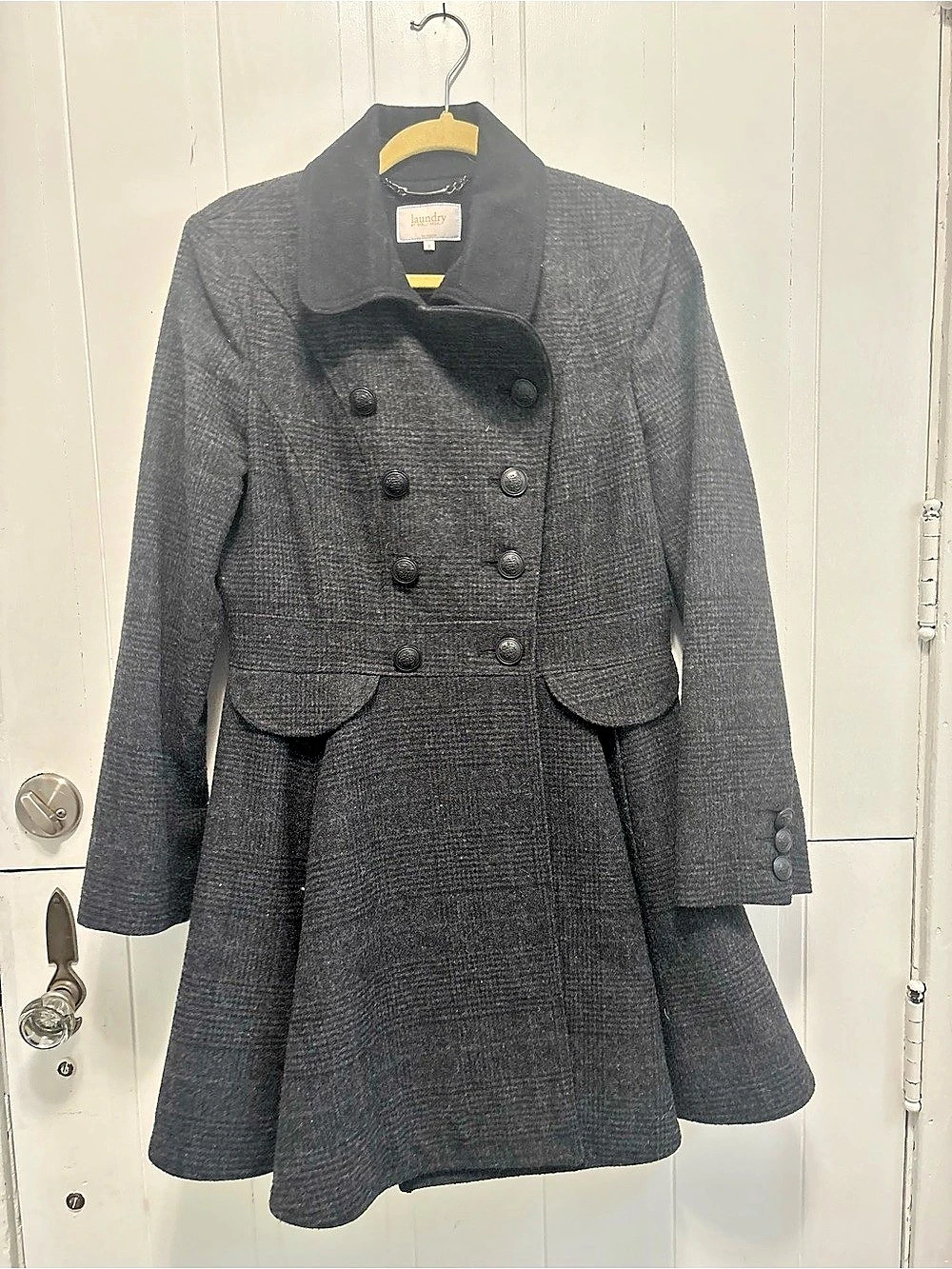 Laundry by Shelli Segal Double Breasted Fit & Flare Plaid Coat Gray Size 8